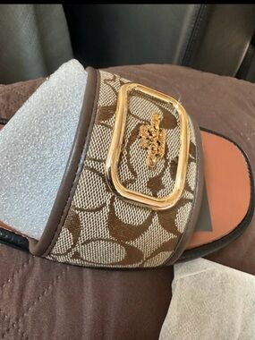 Coach Signature Canvas Slide Sandal in Brown with Gold Hardware